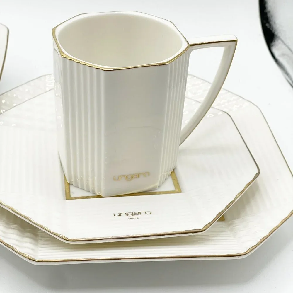 Ungaro Paris Vintage Maebata Coffee Set Cups Saucers Plates 6-Piece Cream Gold